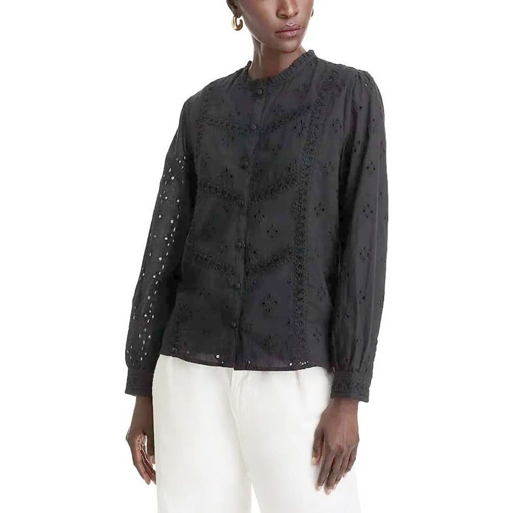 Koko + Mason Embroidered Button-Front Shirt Womens S‎ Black Cottage Feminine NWT